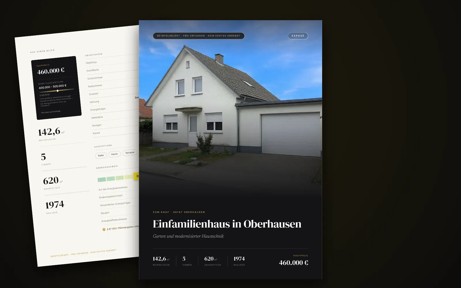 Exposé des Beispielobjekts in Oberhausen: Titelseite mit Foto, Titel und Kaufpreis, dahinter zwei weitere Seiten